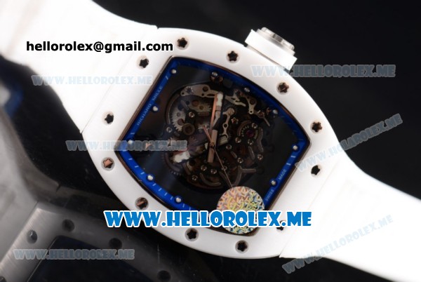 Richard Mille RM 055 Bubba Watson Asia Manual Winding Ceramic/Steel Case with Skeleton Dial and White Rubber Strap Blue Inner Bezel - 1:1 Original - Click Image to Close
